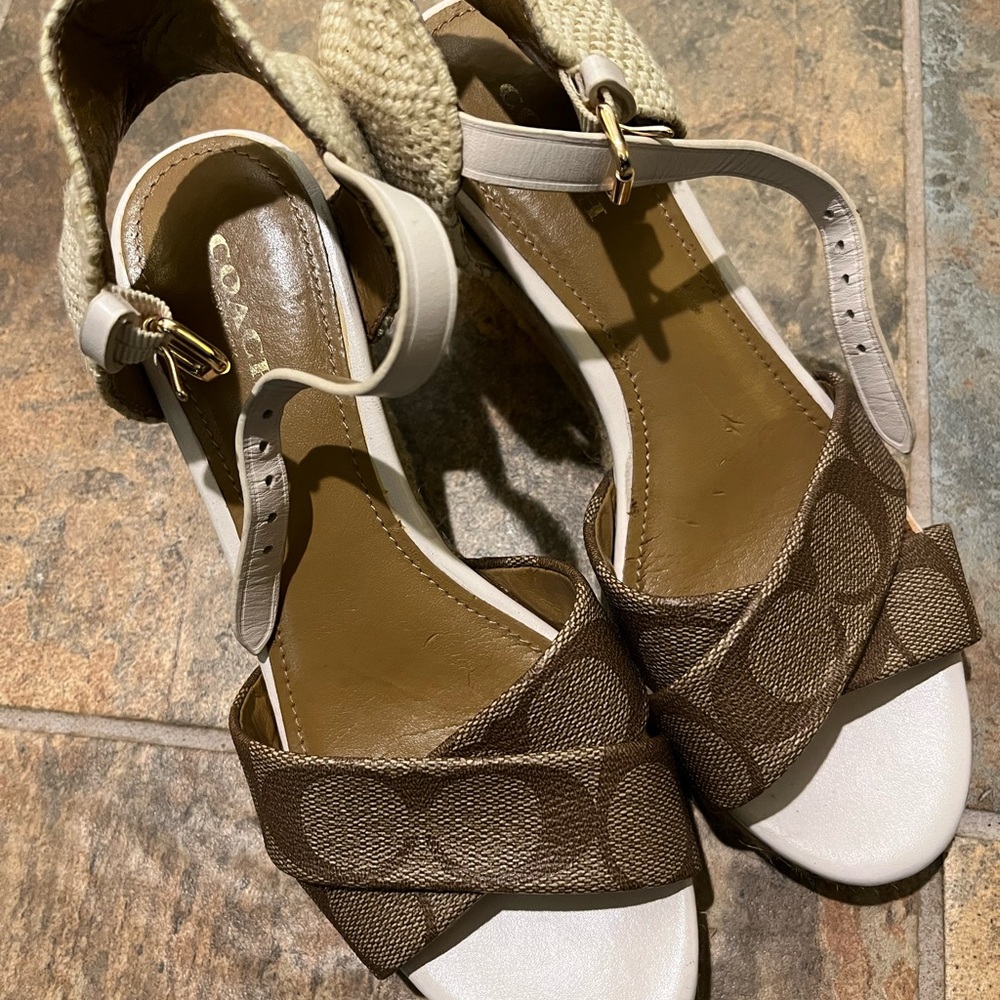 Coach Brown Canvas and Cream Leather Wedge Sandals - Picture 3 of 5